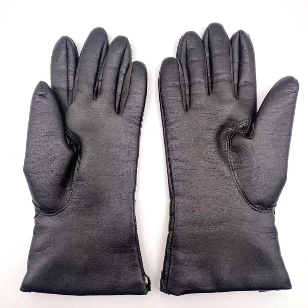 Vintage Fownes Gloves Women's Size A Black Faux Leather WPL‎ 9522 Fourchette